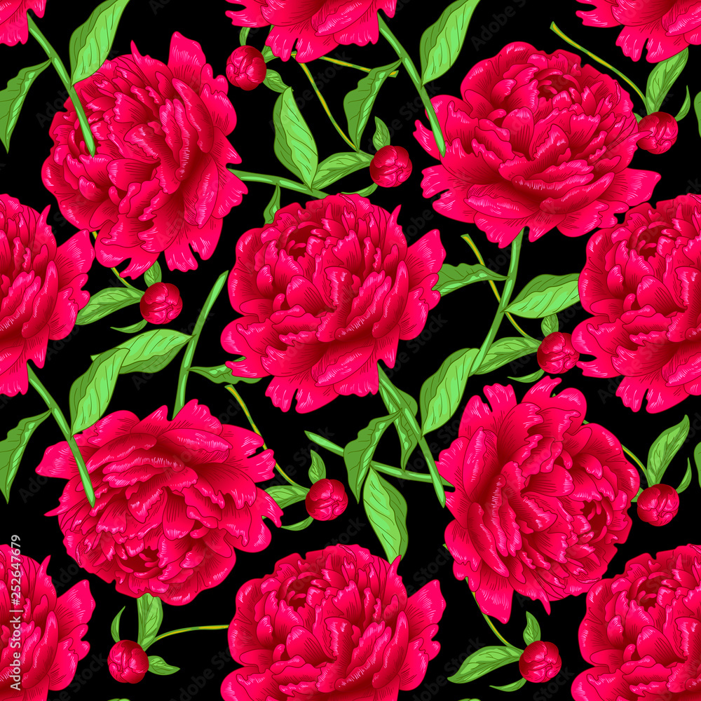 Vector red peony botanical flowers. Engraved ink art. Seamless background pattern. Fabric wallpaper print texture.