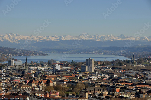 Panoramic view of Zürich city from Switzerlands second highest skyscraper to the University, ETH and old town