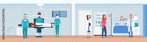 surgeons operating patient on operation table doctors visiting woman lying in bed intensive therapy ward surgery room interior healthcare concept horizontal banner flat full length