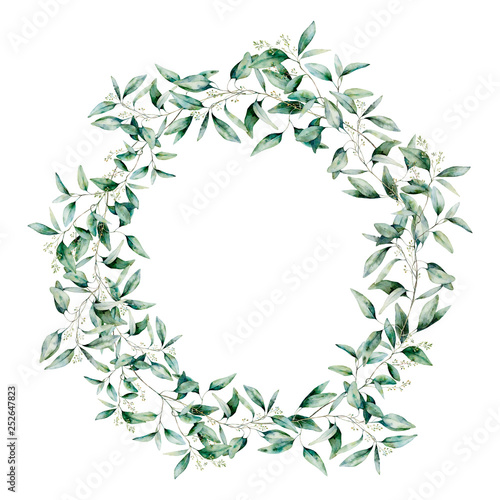 Fototapeta Naklejka Na Ścianę i Meble -  Watercolor seeded eucalyptus wreath. Hand painted eucalyptus branch and leaves isolated on white background. Floral illustration for design, print, fabric or background.