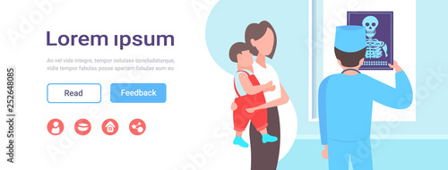 male doctor explaining x-ray radiography results to mother with child medicine and healthcare concept male female cartoon characters portrait clinic interior copy space horizontal