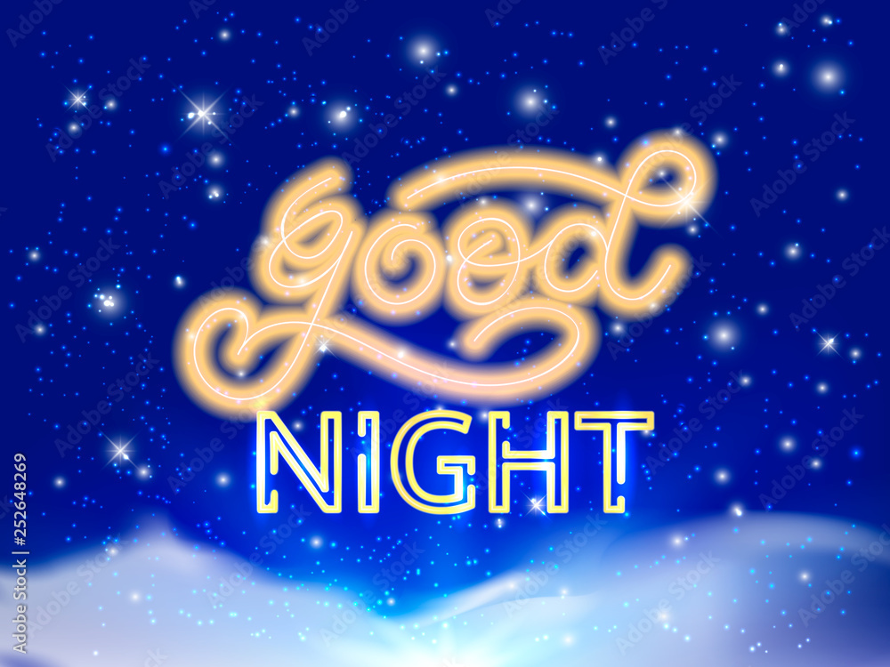 Good Night neon lettering. Evening sky with moon, stars. Vector illustration for poster