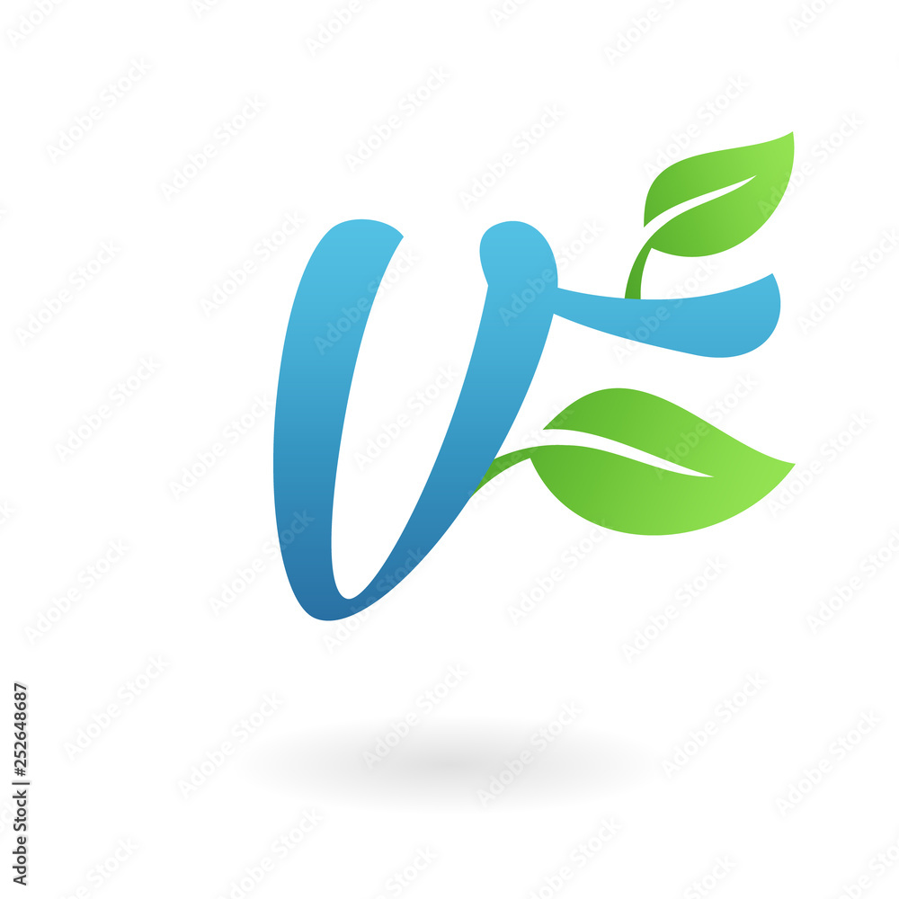 Fototapeta premium V letter calligraphic organic logo green leaves