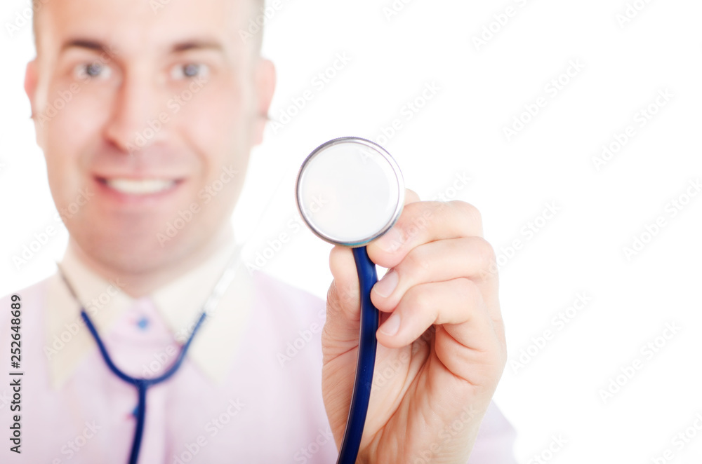 Doctor with a stethoscope bell in his hand on white background Doctor with a stethoscope bell in his hand on white background