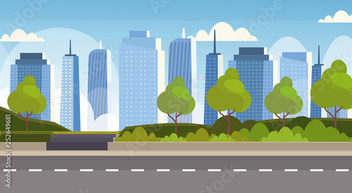 asphalt highway road over city panorama high skyscrapers cityscape background skyline flat horizontal banner