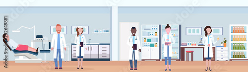 couple dentists examining woman patient in dentistry chair mix race scientists holding test tubes in laboratory dental office modern clinic interior full length flat horizontal banner