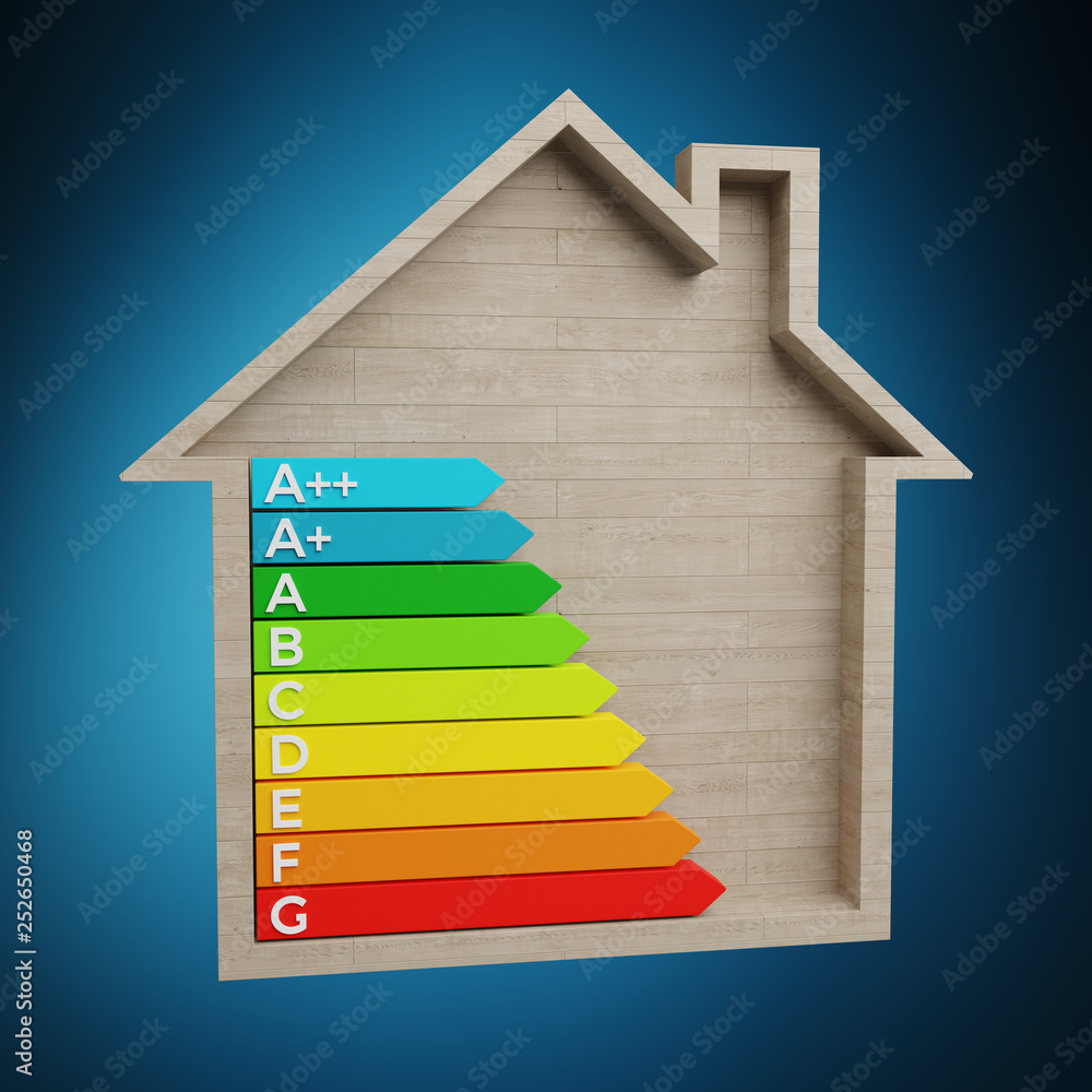 3D rendering energy rating chart in a wooden house 3D rendering energy rating chart in a wooden house