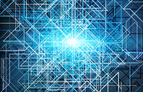 Futuristic blue connection background with lines and roads printed on metal texture