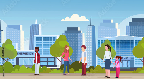 mix race people walking over modern hospital clinic and bank buildings financial and medical institution exterior urban city skyscrapers cityscape skyline horizontal banner