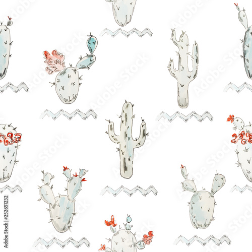 Seamless pattern. Blue blooming watercolor cactus with black outline on white background