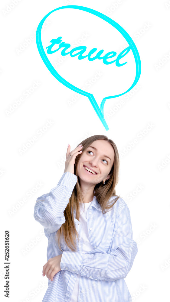 Woman dream travel vacation cloud on white background isolation Woman dream travel vacation cloud on white background isolation