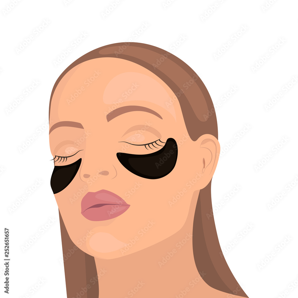 Young girl with cosmetic patches under the eyes. Skincare, girl caring for her face. Vector Illustration. Young girl with cosmetic patches under the eyes. Skincare, girl caring for her face. Vector Illustration.