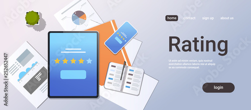 review five star rate feedback rating concept top angle view desktop tablet smartphone screen analysis infographic report office stuff horizontal copy space