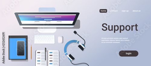 call center technician support service consulting concept top angle view desktop computer smartphone headphones organizer office stuff horizontal copy space