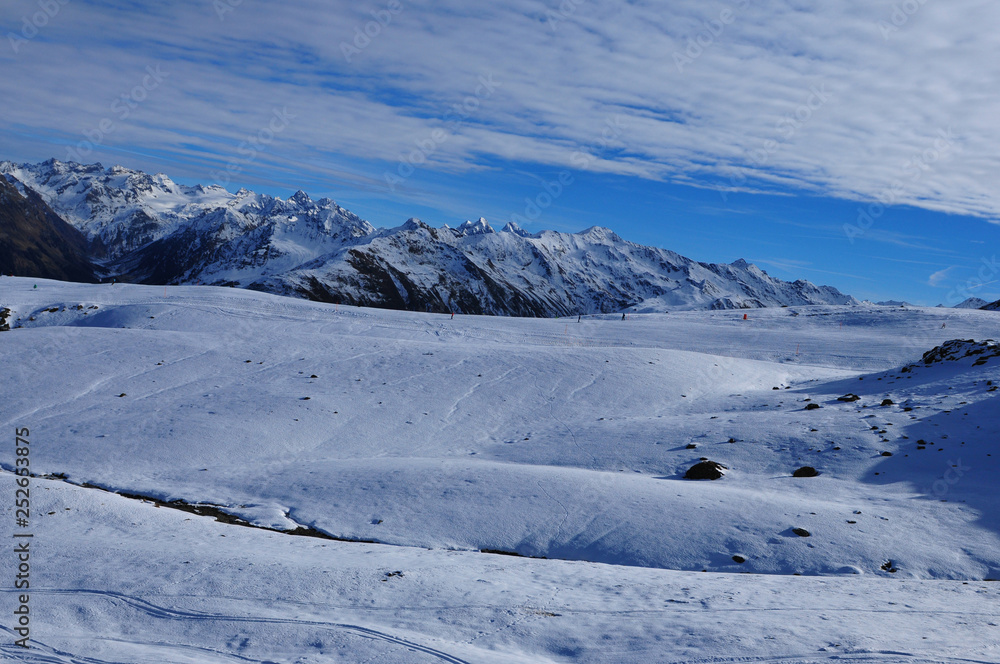 Swiss alps: Panoramic view of Parsenn peak snow mountains above Davos