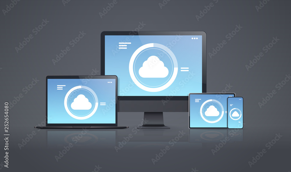 internet connection mobile and computer application cloud synchronization tablet smartphone pc screen digital network technology concept gray background internet connection mobile and computer application cloud synchronization tablet smartphone pc screen digital network technology concept gray background