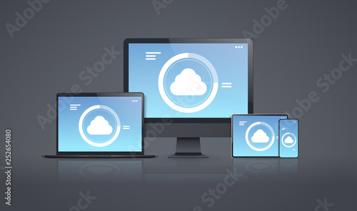internet connection mobile and computer application cloud synchronization tablet smartphone pc screen digital network technology concept gray background