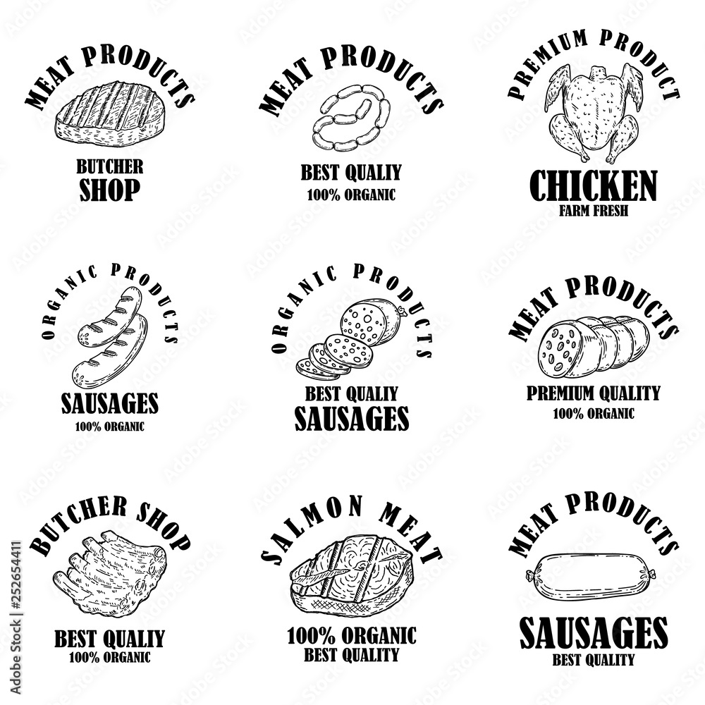 Set of meat products labels. Design element for poster, logo, emblems, sign. Set of meat products labels. Design element for poster, logo, emblems, sign.