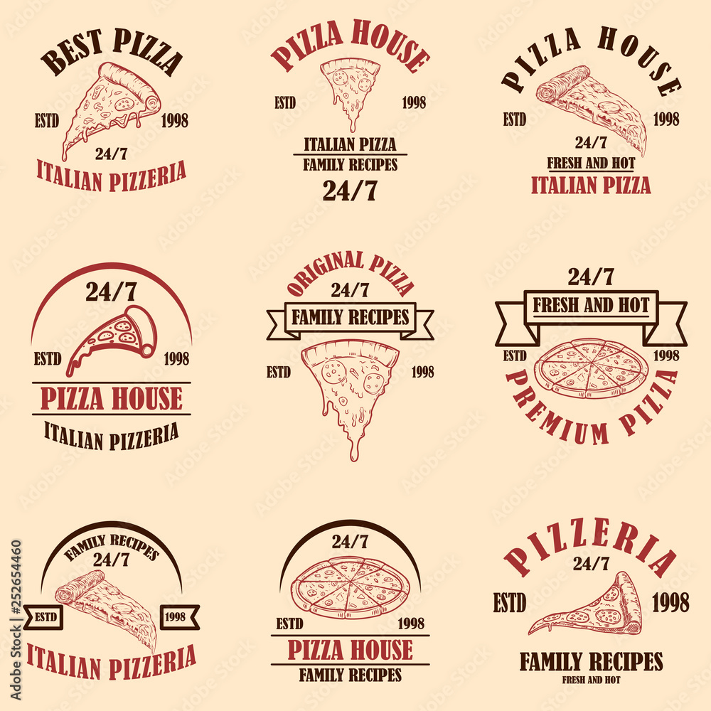 Set of pizza house, pizzeria emblems. Design element for poster, logo, label, sign.