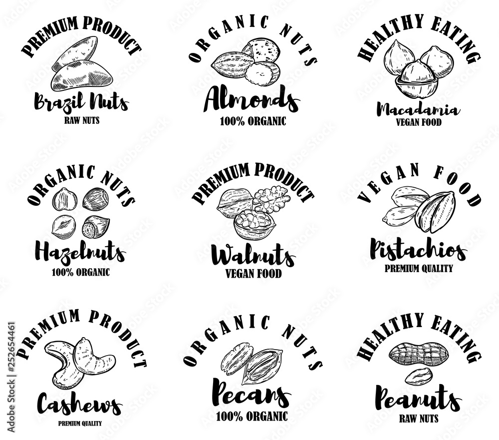Set of raw nuts labels. Design element for logo, label, sign. Set of raw nuts labels. Design element for logo, label, sign.