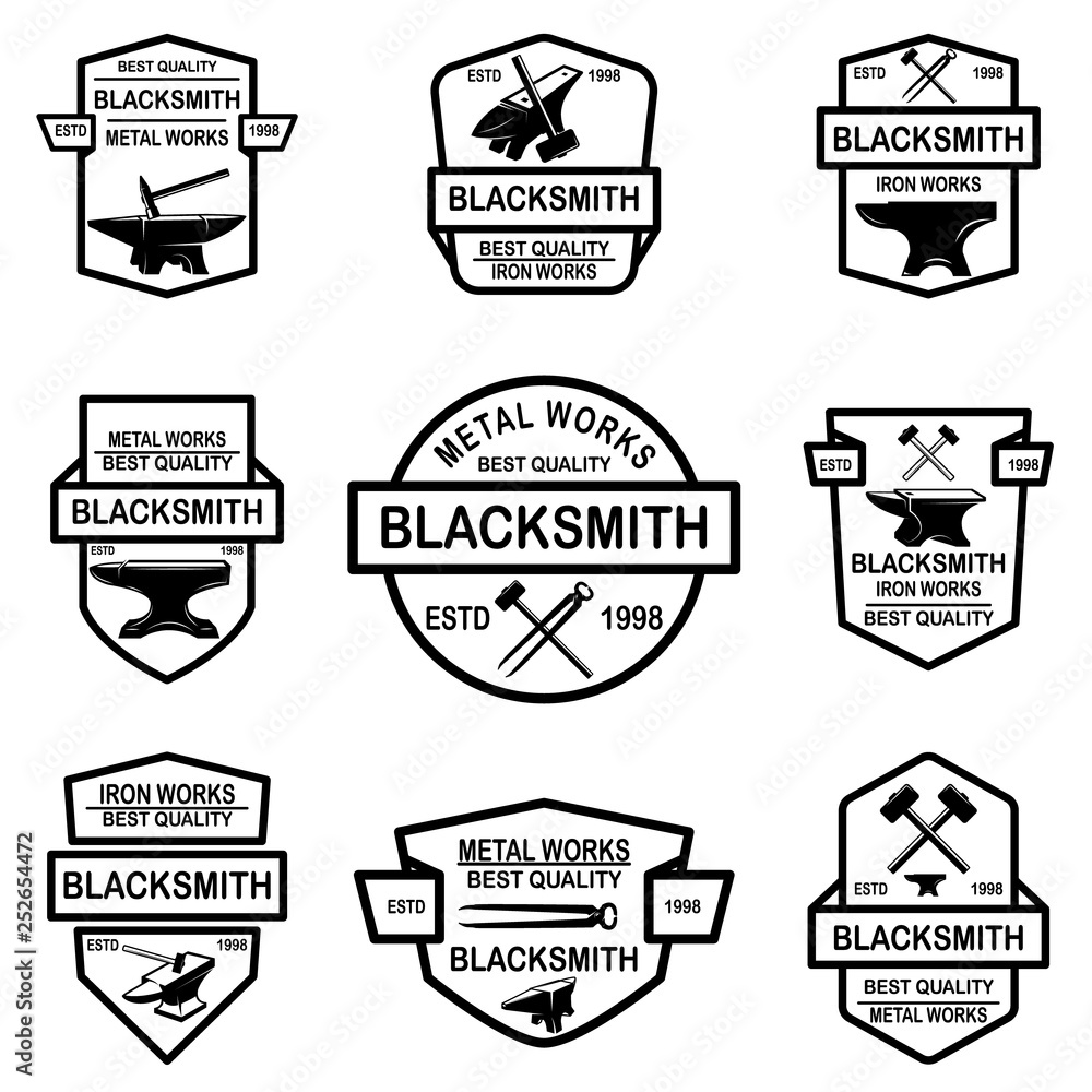Set of blacksmith emblems. Design element for logo, label, sign, poster, t shirt.