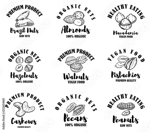 Set of raw nuts labels. Design element for logo, label, sign.