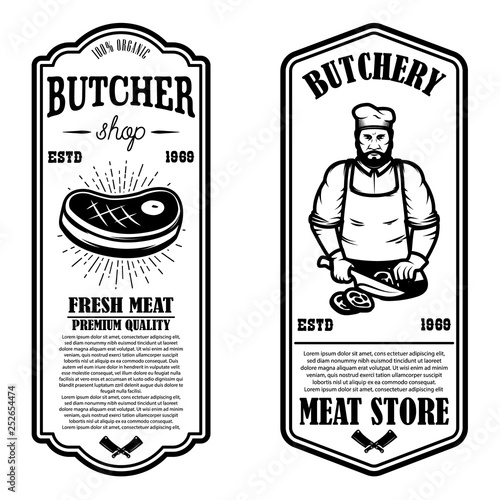 Set of meat store flyers. Design element for banner, logo, sign, poster, flyer.