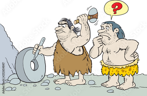 caveman inventing the wheel - Vector