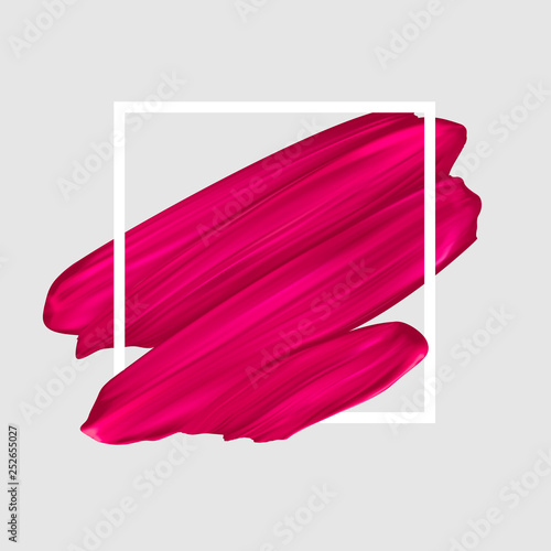 Pink vector lipstick smear. Female girly logo. Paint brush stroke in frame, banner template.
