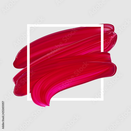 Pink vector lipstick smear. Female girly logo. Paint brush red stroke in frame, banner template. Makeup or nail salon design element