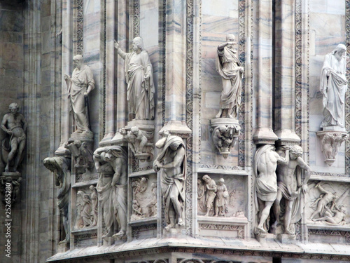 The famous Cathedral of Milan (Italian: Duomo di Milano), the Cathedral of the Nativity of the Virgin. Details of the church close-up. Lombardy, Italy