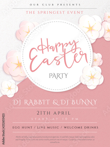 Vector illustration of easter day invitation party poster template with hand lettering label - happy easter- with paper origami spring apple flowers
