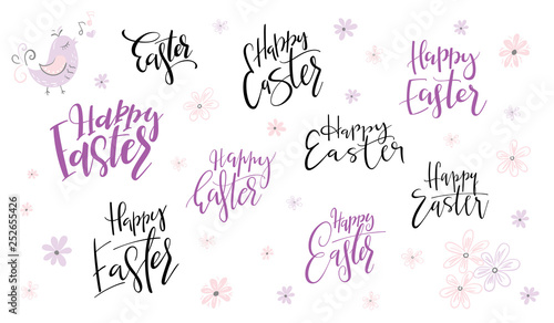 vector hand lettering happy easter day phrases set with doodle flowers