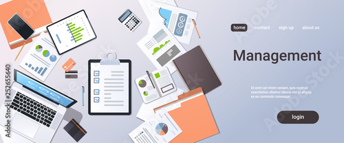 analysis financial graph business planning management concept top angle view desktop laptop smartphone checklist paper documents report office stuff horizontal copy space