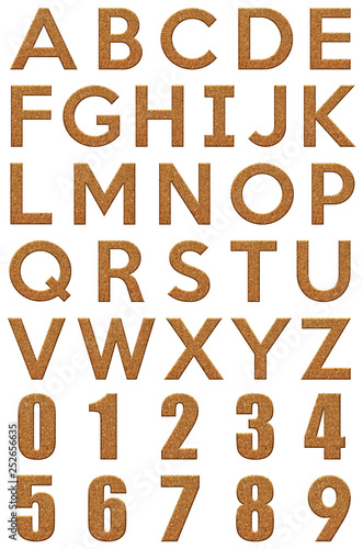 Set of Cork board texture english alphabet, isolated on white background