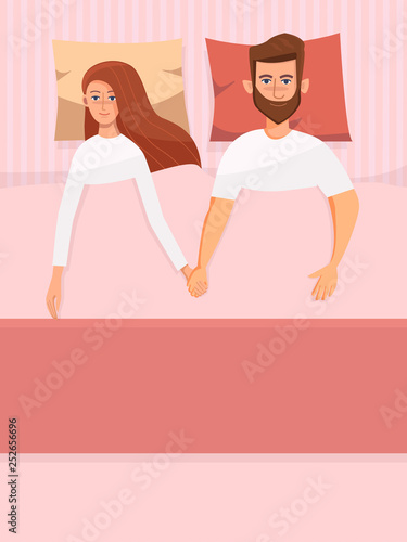 Couple of young people. Man and woman lying in the bed. Vector character illustration in a flat style