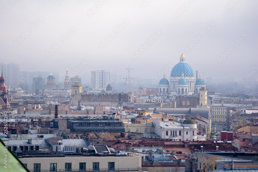 View of buildings, streets, bridges, rivers and canals of St. Petersburg, Russia.