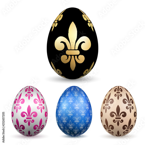 Easter egg 3D icon. Color eggs set, isolated white background. Flower fleur de lis design, decoration Happy Easter celebration. Royal lily element. Holiday pattern. Spring symbol. Vector illustration