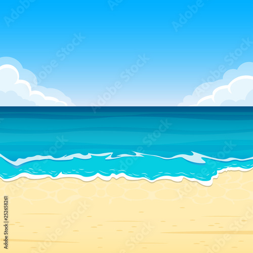 Sandy Beach with Sea Waves. Summer Background with Sand Shoe  Sea or Ocean and Sky with Clouds. Tropical Landscape for Travel and Vacation Banner. Vector Illustration.  