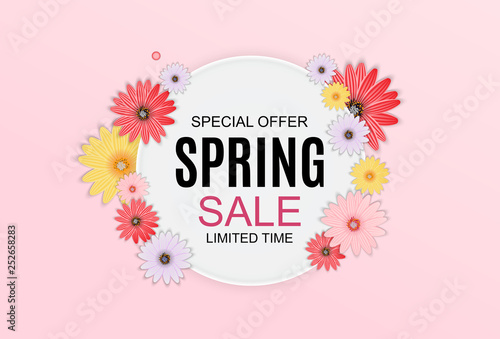 Spring Sale Cute Background with Colorful Flower Elements. Vector Illustration