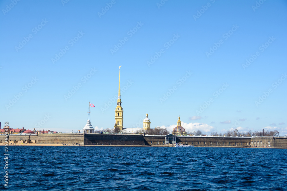 View of buildings, streets, bridges, rivers and canals of St. Petersburg, Russia.