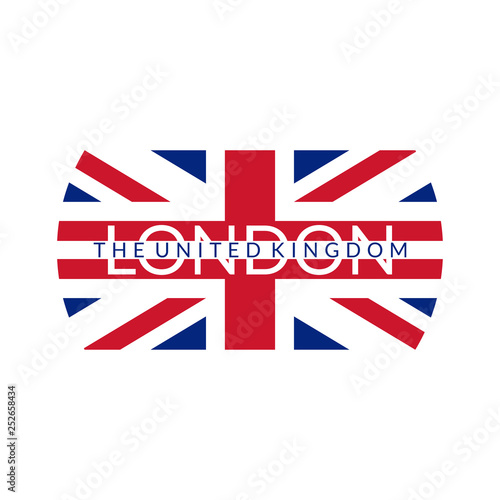London text. Typography design with England or UK flag. The United Kingdom and London city banner, poster, Tee print, T-shirt graphics with British flag. Vector illustration.