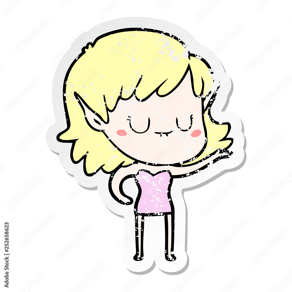 distressed sticker of a happy cartoon elf girl distressed sticker of a happy cartoon elf girl