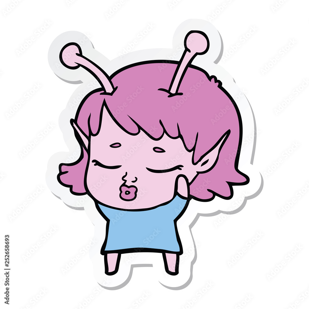 sticker of a cute alien girl cartoon sticker of a cute alien girl cartoon