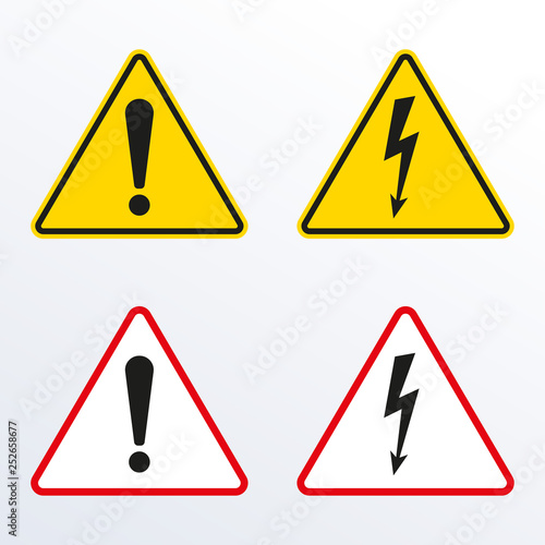 Caution warning sign with exclamation mark and Electrical hazard sign with lightning or thunder. High voltage  Alert  danger  attention and error symbol. Triangle shape. Vector illustration.