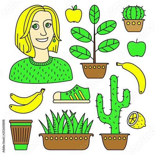 set of eco vector icons with girl, plants and fruits