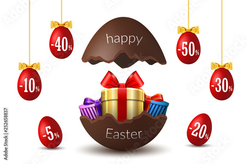 Easter eggs sale. Broken Happy Easter chocolate egg 3D template isolated white background. Design promotion, greeting holiday decoration, special offer. Gift box, ribbon bow. Vector illustration