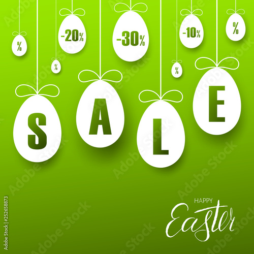 Easter sale banner. Easter hanging eggs, cartoon ribbon bow, green background. Tag template for holiday Easter decoration, label discount, special offer. Lettering text design. Vector illustration