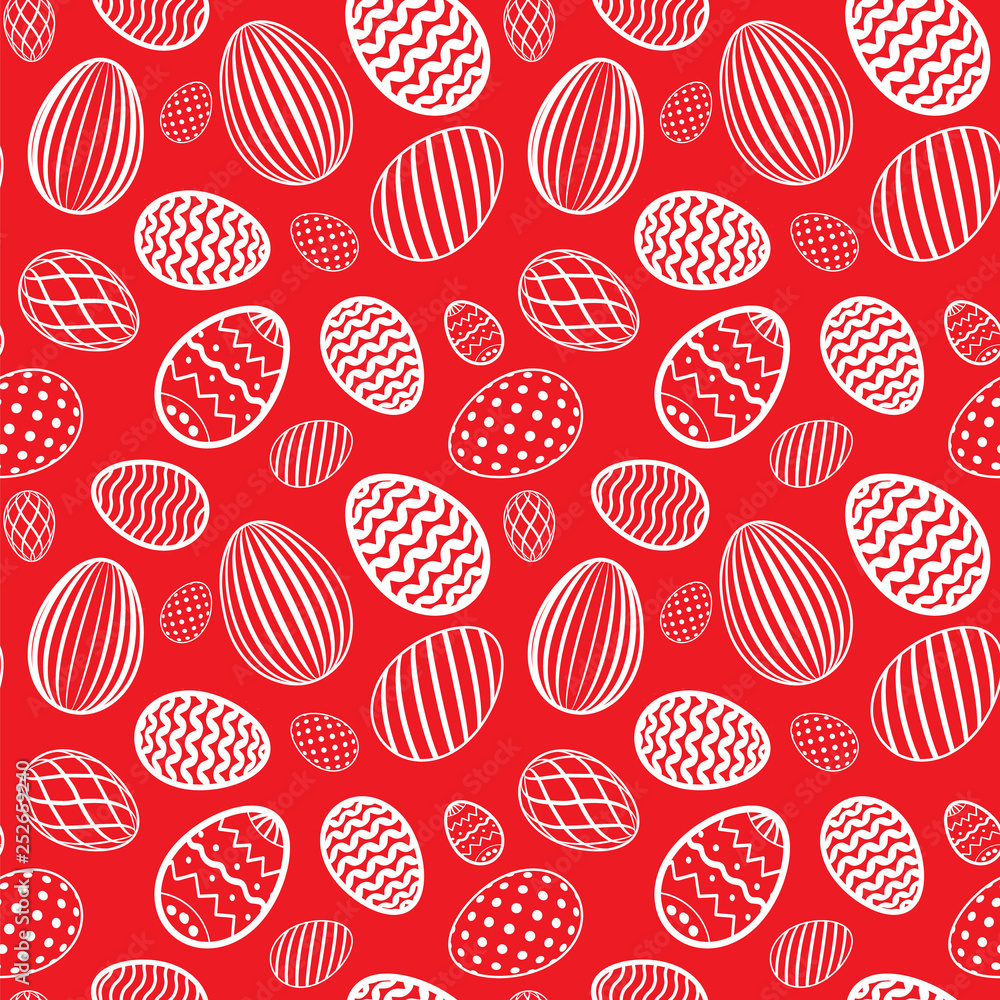 Easter egg seamless pattern. Red white color, holiday eggs texture. Simple abstract decorative template Happy Easter celebration. Stylized cute ornament wallpaper, card, fabric. Vector illustration