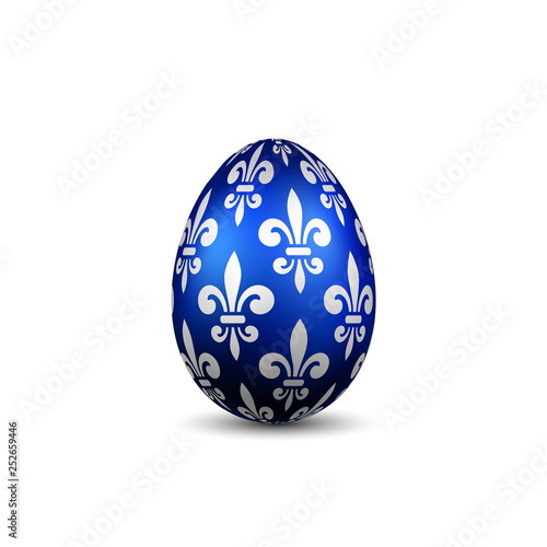Easter egg 3D icon. Color egg, isolated white background. Flower fleur de lis design, decoration for Happy Easter celebration. Royal lily element. Holiday pattern. Spring symbol. Vector illustration